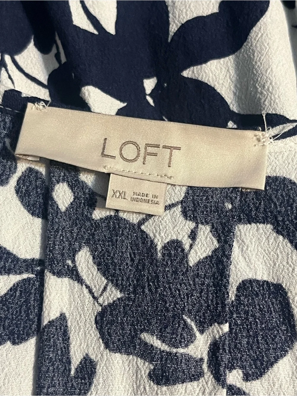 LOFT White Blouse with Navy Floral V-Neck Puff Sleeves